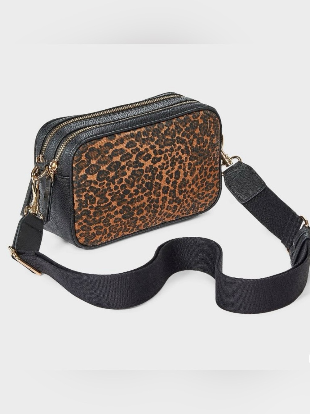 Double zip camera leopard print crossbody bag